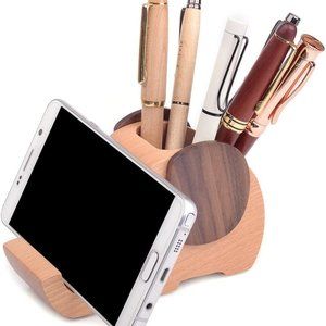 2 in 1 Elephant Wooden Pan Cup and Cell Phone Holder For Desk Organization